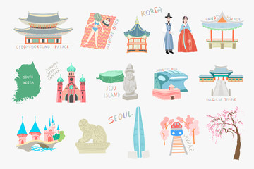 set of doodle flat vector illustration sights and attractions of south korea - obrazy, fototapety, plakaty