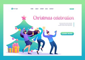 Young people have fun near the Christmas tree, laughing, dancing, taking pictures. Flat 2D character. Landing page concepts and web design