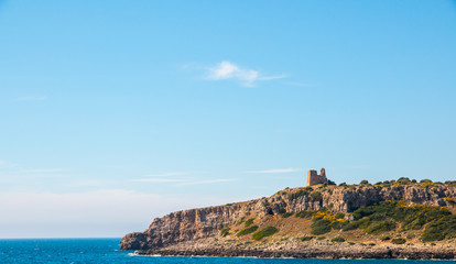 Watchtower near ionian sea (Uluzzo tower in Porto Selvaggio) Apulia, Salento, Italy