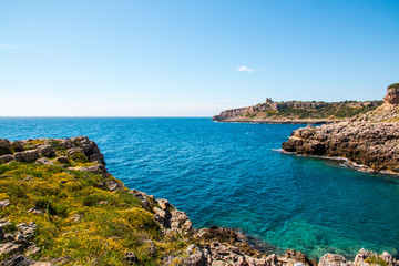 Watchtower near ionian sea (Uluzzo tower in Porto Selvaggio) Apulia, Salento, Italy