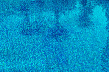 Fototapeta na wymiar swimming pool water with palm trees and parasols reflected in it