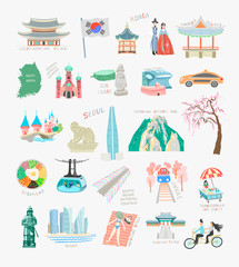 set of 25 doodle flat vector illustration sights and attractions of south korea - obrazy, fototapety, plakaty