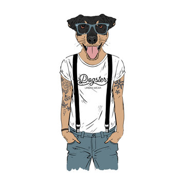 Humanized Jagdterrier, German hunting terrier breed dog with tattoo dressed up in modern city outfits. Design for dogs lovers. Fashion anthropomorphic doggy illustration. Animal wear t-shirt, jeans