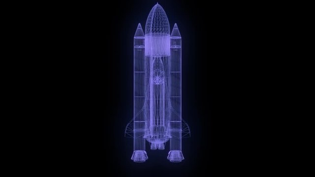 Hologram of Shuttle rotating. 3D animation of space shuttle on a black background. Seamless loop.