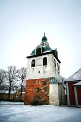 Old historic Porvoo, Finland with wooden houses and medieval stone and brick Porvoo Cathedral 