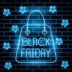 black friday neon lights label with shopping bag