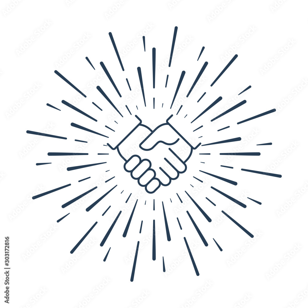 Poster handshake in the rays. joint efforts. vector linear icon on a white background.