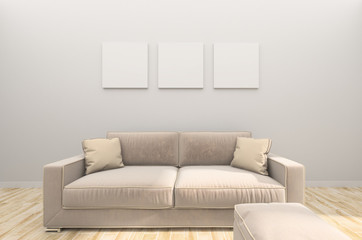 paintings on the white wall above the sofa