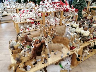 different christmas toys on sale in a store