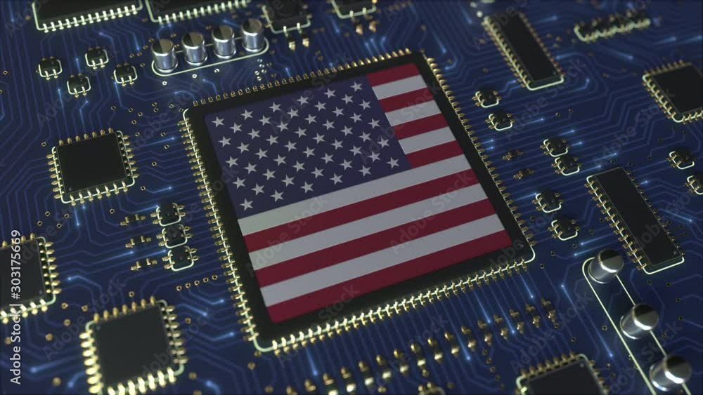 Poster details of flag of the usa on the operating chipset. american information technology or hardware dev