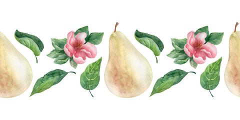 Watercolor border Pear. Fruits, leaves and flowers