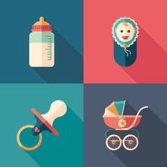 Baby time set of flat square icons with long shadows.