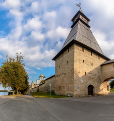 Fototapeta na wymiar Pskov Krom (Kremlin), historical and architectural center of Pskov. It is located on a narrow and high promontory at the confluence of the Pskov river in the Velikaya river.