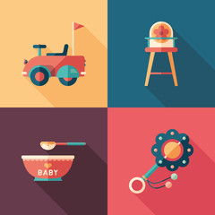 Baby toys set of flat square icons with long shadows.