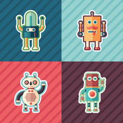 Happy robots flat icon set with color backgrounds.