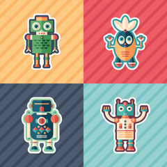 Curious robots flat icon set with color backgrounds.