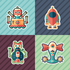Space robots flat icon set with color backgrounds.