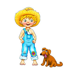 Kleiner Junge barfuß mit Latzhose in blau und gelben Strohhut steht lächelnd da. Hat eine Blume auf dem Knie. Der kleine Gärtner lächelt seinen braunen Hund zu. Sie lieben sich