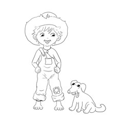 Kleiner Junge barfuß mit Latzhose und Strohhut steht da. Er lächelt seinen Hund zu. Freunde fürs Leben. Sie genießen die Sommerzeit. Kinderbuch Illustration. 