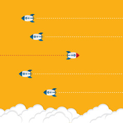 Different Approach - Different Direction. Group of rockets flying in one direction and with one individual flying in the different way, can be used leadership/individuality concepts.