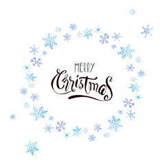 Christmas card with snowflake wreath and festive lettering. Vector set. Can be used for printed materials, prints, posters, cards, logo. Holiday background. Hand drawn decorative winter elements. 