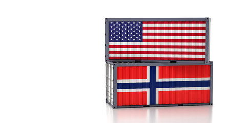 Two freight container with Norway and USA flag. 3d rendering 