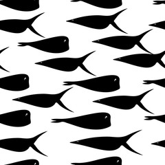  Seamless pattern: black isolated silhouettes of fish on a white background. vector. illustration
