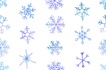 Seamless winter pattern of artistic blue snowflakes with watercolor texture. Stock vector set. For printed materials, prints, posters, cards, logo. Holiday background. Hand drawn decorative elements
