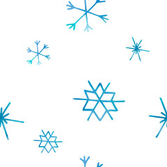 Seamless winter pattern of artistic blue snowflakes with watercolor texture. Stock vector set. For printed materials, prints, posters, cards, logo. Holiday background. Hand drawn decorative elements