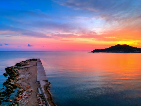 Sunrise in Alykes beach on Zakynthos island. Blue, Greece.