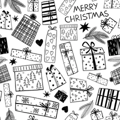 Nahtloses Muster der Weihnachtsikonen, nahtloses Muster des Geschenks. Fröhlicher Winterurlaub-Fliesenhintergrund. Doodle umreißt dekorative Gestaltungselemente. Isoliert auf weißem Hintergrund. © Tatsiana