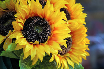 Bouquet of decorative yellow flowers of a sunflower. Yellow sunflower petals with a black middle and green leaves. Artificial plants for interior decoration.