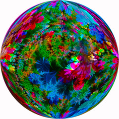 3D Colorful metallic fractal planet made with leaves and flowers, transparent shiny floral design, fractal structures. Metallic glass surface finishing. White background, isolated illustration