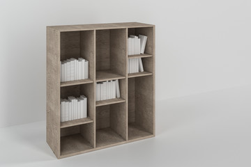 Bookshelf with books inside in the empty new house, 3d rendering.