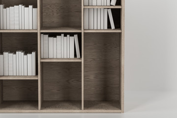Bookshelf with books inside in the empty new house, 3d rendering.