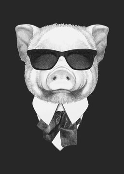 Portrait of Piggy in suit. Hand-drawn illustration. Vector isolated elements.	