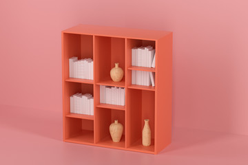 Fototapeta premium Cabinet with books and vases inside in the empty new house, 3d rendering.
