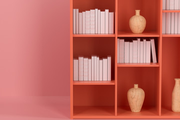 Cabinet with books and vases inside in the empty new house, 3d rendering.