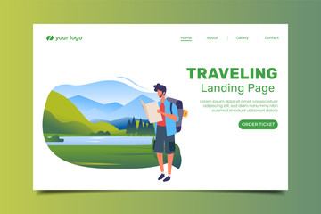 Landing page with traveler tourist and nature background