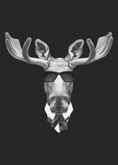 Portrait of Moose in suit. Hand-drawn illustration. Vector isolated elements.	
