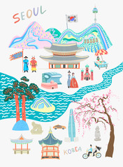 Seoul lovely travel card design - sights and attractions of south korea - obrazy, fototapety, plakaty