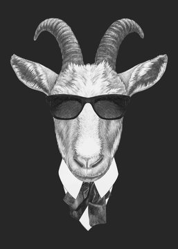 Portrait of Goat in suit. Hand-drawn illustration. Hand-drawn illustration. Vector isolated elements.	