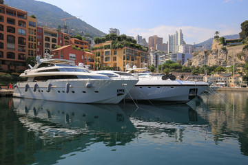 Luxury yachts moored in Port de Fontvieille in Monaco