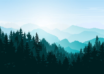 Mountain  landscape. Mountains and coniferous forest. Tourism and travelling. Vector silhouette. Christmas forest. Background for web page, internet site.
