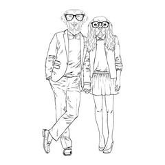 Furry art illustration of fashion Golden Retriever man and Cavalier King Charles Spaniel woman dogs couple. Valentine Day design. Hand drawn vector