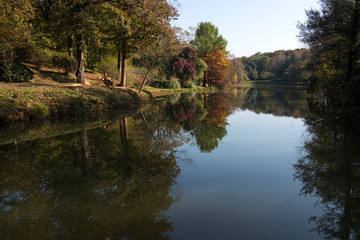 Autumn scene with reflection in lake, in istanbul, Turkey.