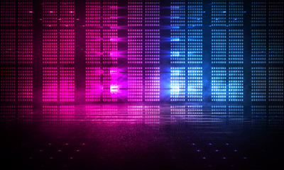 Background of empty stage show. Neon light and laser show. Laser futuristic shapes on a dark background. Abstract dark background with neon glow