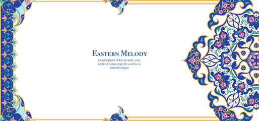 Eastern ethnic motif, traditional muslim ornament. Template for wedding invitation, greeting card, banner, gift voucher, label. Vector illustration