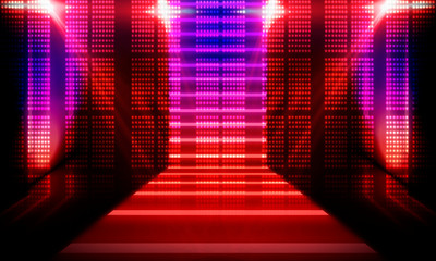 Background of empty stage show. Neon light and laser show. Laser futuristic shapes on a dark background. Abstract dark background with neon glow