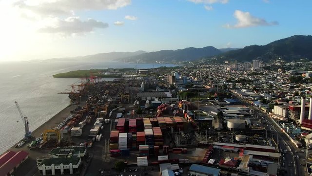 Port of Spain/ Trinidad and Tobago. December 16, 2018 Aerial view of the port of Port of Spain. Industrial area in the center of the capital of Trinidad and Tobago.Coast line of the seafront and port.